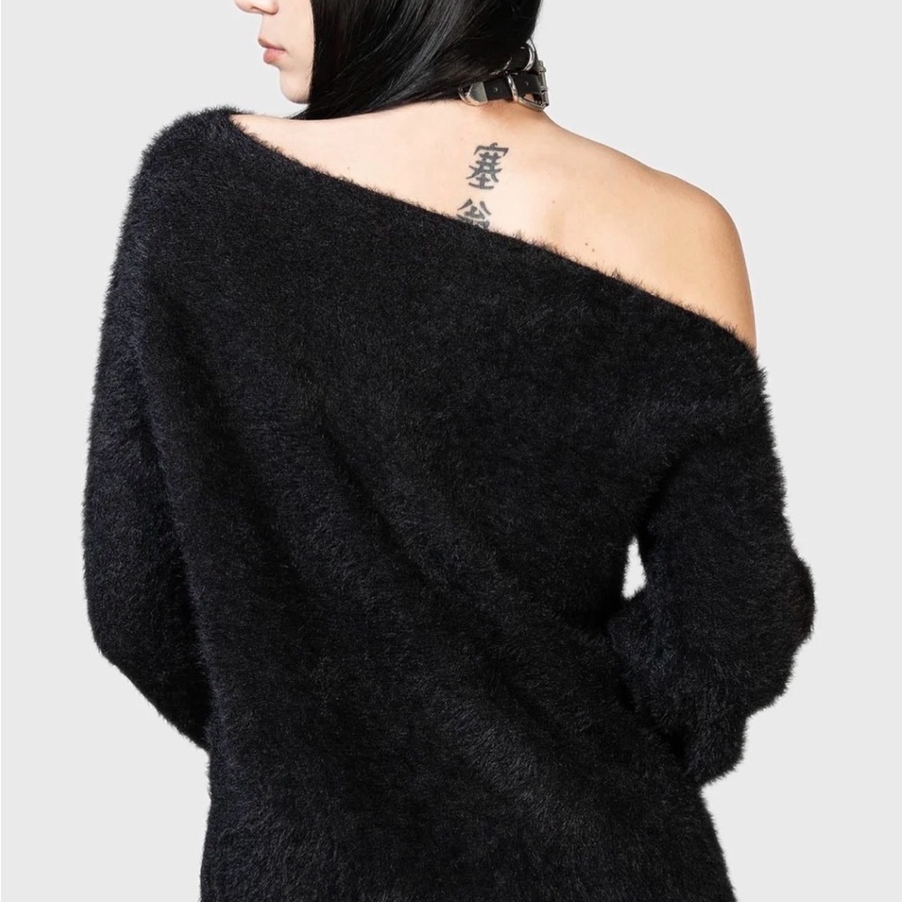 Off-Shoulder Black Fuzzy Women’s Sweater - Picture 4 of 5